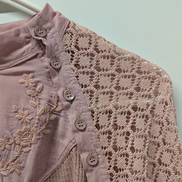 Free People Sweetest Thing Embroidered Thermal Top w/ Lace Sleeves in Blush Pink - Picture 8 of 16